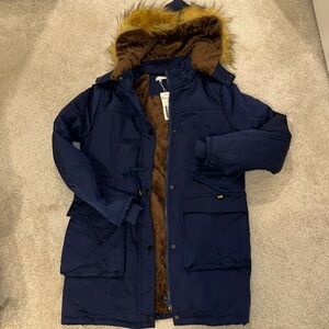 Dark blue fur lined coat for women (sz medium)